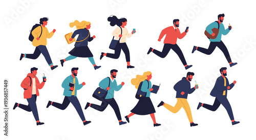 Group of diverse business people and students are running urgently in the same direction, carrying bags, coffees, and mobile phones during a rush.