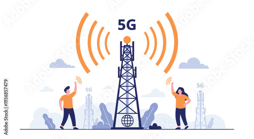 Modern 5G wireless technology towers transmit high-speed signals to a man and woman holding their mobile phones in a blue landscape with clouds.
