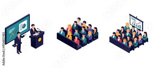 Business presenter speaking to seated audience in conference room