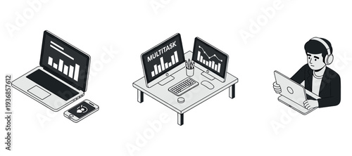 Remote worker multitasking with laptop and dual monitors
