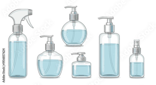 Set of glass dispenser and spray bottles filled with clear blue liquid are suitable for hand soap, lotion, or cleaning products in a spa or home.