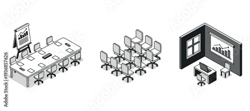Conference table and chairs arranged for meeting presentation