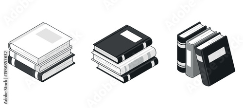 Books stacked in different arrangements on white background