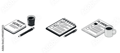 Notebooks and checklists with coffee on organized planning desk