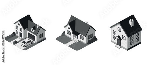 Residential houses isometric set showing varied suburban home designs