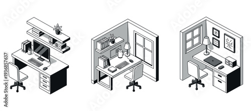 Isometric office desks arranged with workspace setups