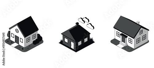 Three houses displayed as isometric icons on white background