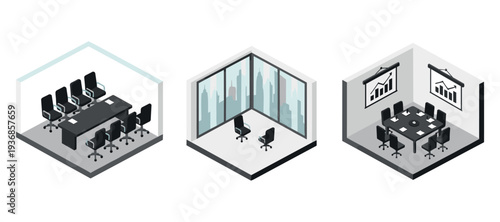 Office meeting tables arranged with chairs in interior settings