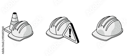 Construction hard hat with safety warning and equipment icons