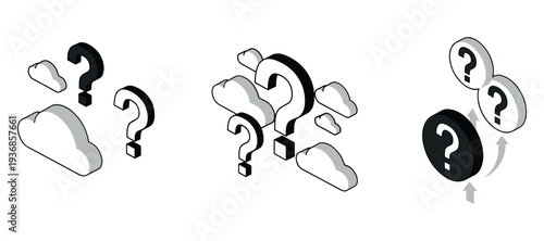 Cloud question icons indicating uncertainty with cloud symbols