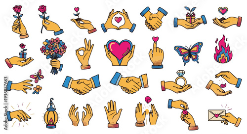 Collection of Hand Gestures and Symbols: Love, Support, Gifts, and Connection