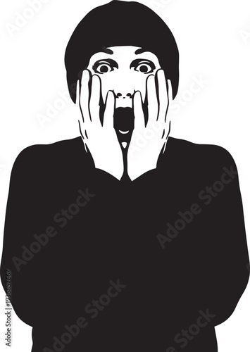 Shocked person with hands on face and mouth open in surprise silhouette isolated on transparent background for fear and amazement concept expression