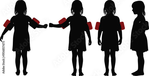 Set of little girl silhouettes wearing red water armbands for swimming safety in various poses on a white background