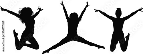 Set of Happy Jumping Women Silhouettes Isolated on White Background Vector Illustration Representing Freedom Success Vitality Energy and Active Lifestyle Concepts
