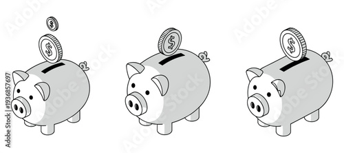 Three piggy banks receiving coins on white background