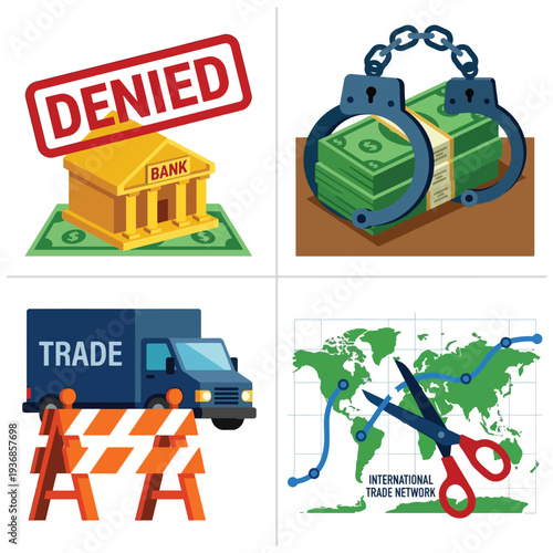 Economic Sanction Embargo and Trade Blockade Concept Set