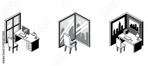 Office desk setups showing workspace views beside windows