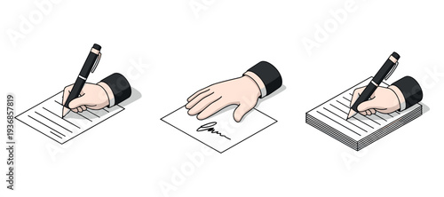 Hand signing and stamping documents on flat white surface