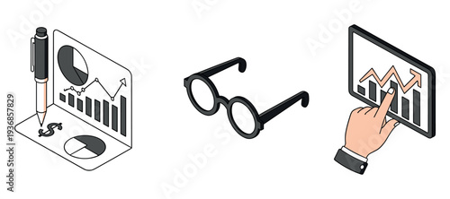 Financial analysis documents with pen glasses and tablet chart icons