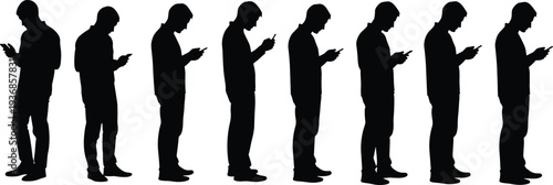 Set of Man Silhouettes Standing and Using Smartphone for Texting Browsing and Social Media Communication Isolated on White Background