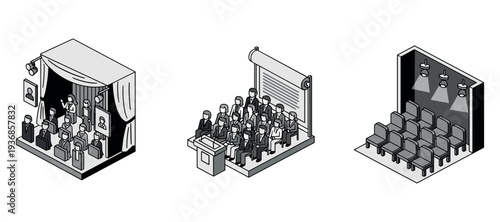 Public speakers addressing audiences on stage and auditorium