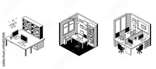 Office workstations arranged in desk setups and home office