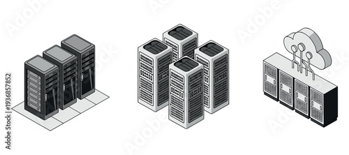 Server racks clustered representing cloud network infrastructure