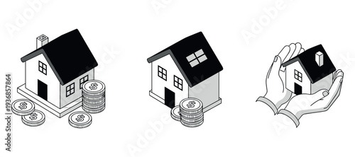 House icons indicating finance value and protection on white background