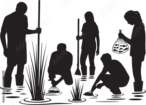 People fishing and harvesting in wetland ecosystem illustrating sustainable living