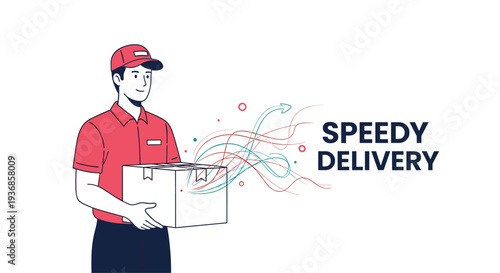 Professional delivery man in a red uniform carrying a cardboard package with dynamic colorful speed lines indicating rapid courier service.