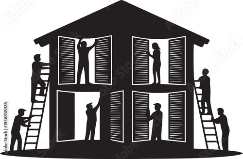 People closing window shutters on house symbolizing protection and security