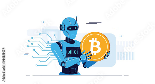 Futuristic blue robot character holding a large golden bitcoin coin representing advanced cryptocurrency and artificial intelligence technology.