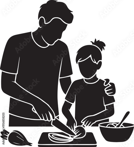 Father and child preparing food together in kitchen chopping vegetables