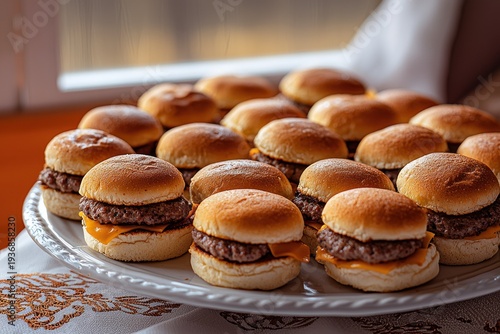 Tray full of small cheeseburgers on white platter with detailed cloth background