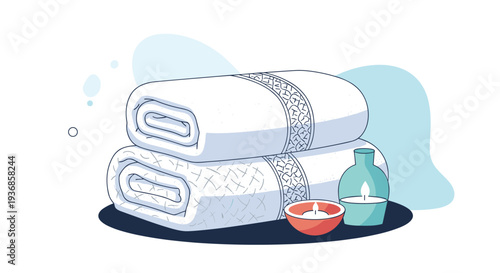 Relaxing spa scene featuring a stack of folded white towels accompanied by scented candles and a bottle for wellness treatments and beauty.