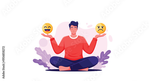 Young man sitting in a lotus meditation position balancing happy and sad emojis on his hands representing emotional stability and mindfulness.