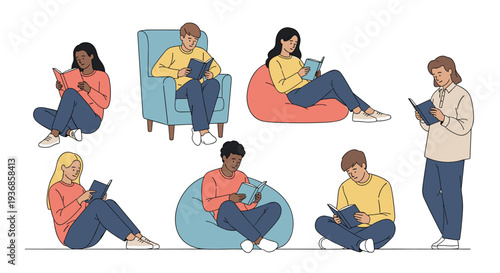 Group of diverse people of various ages and backgrounds shown in multiple poses enjoying reading their favorite books for leisure and study.