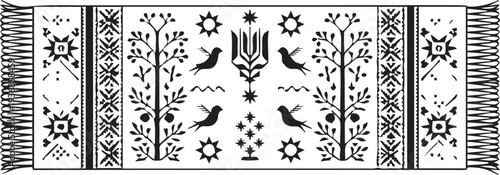 Traditional ethnic rug pattern with birds trees and geometric ornaments