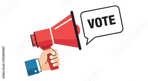 A red megaphone with the word vote inside a speech bubble held by a hand