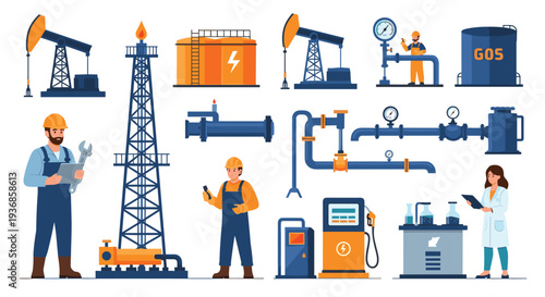 Comprehensive collection of oil and gas industry symbols including drilling rigs, pipelines, fuel pumps, workers, and scientific research.
