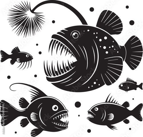 Deep sea anglerfish and other predatory fish creatures collection