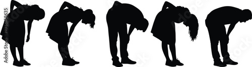 Set of silhouettes showing diverse people suffering from chronic back pain, lower spine injury, muscle fatigue, and physical exhaustion after work.