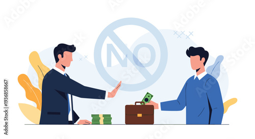 Professional businessman in a suit firmly refusing a bribe of cash from another person with a prominent no sign for anti-corruption values.