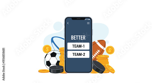 Smartphone displaying a sports betting application surrounded by soccer balls, hockey pucks, footballs, and gold coins for gambling fun.