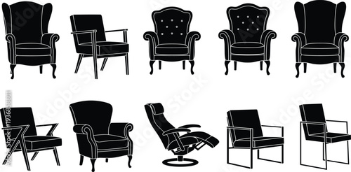 Set of ten black armchair silhouettes with various vintage and modern designs, perfect for interior decor, furniture branding, and living room graphic design.