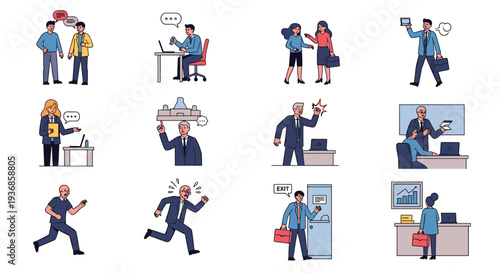 Collection of diverse office life scenes featuring professional people in meetings, working at computers, and dealing with work related stress.