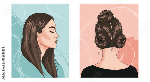 Beauty illustration showing two different hairstyles for a woman including a sleek long look and a creative triple bun style for fashion.