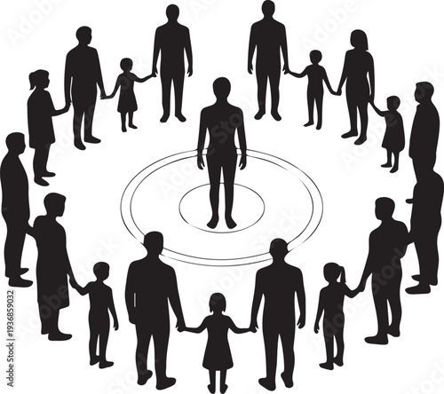 People circle holding hands around central lone figure