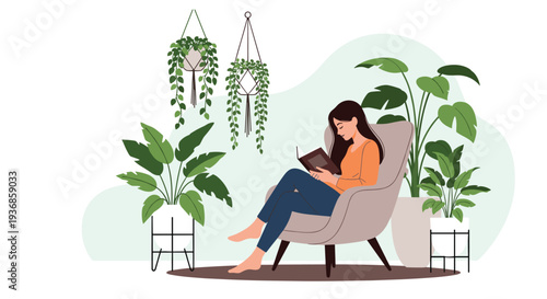 Young woman enjoying a quiet reading time in a comfortable armchair surrounded by lush green indoor house plants in a cozy urban jungle.
