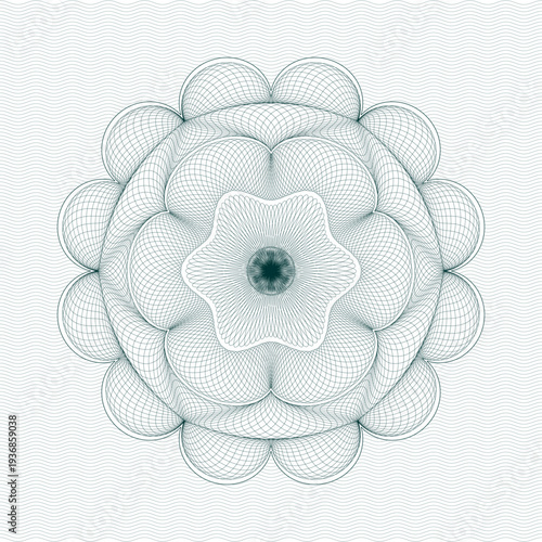 Elegant abstract guilloche illustration featuring intricate symmetrical circular line patterns in soft green tones on a light background. The detailed geometric wave lines create a refined and secure 